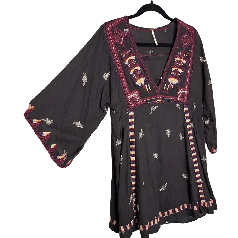 Free People Pavlo Mini Dress Small Black Embroidered Bell Sleeve Boho